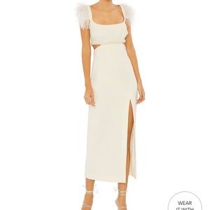 LIKELY Taliah Midi Gown, Feather Sleeves, Cut-Out Sides, Pearl Details